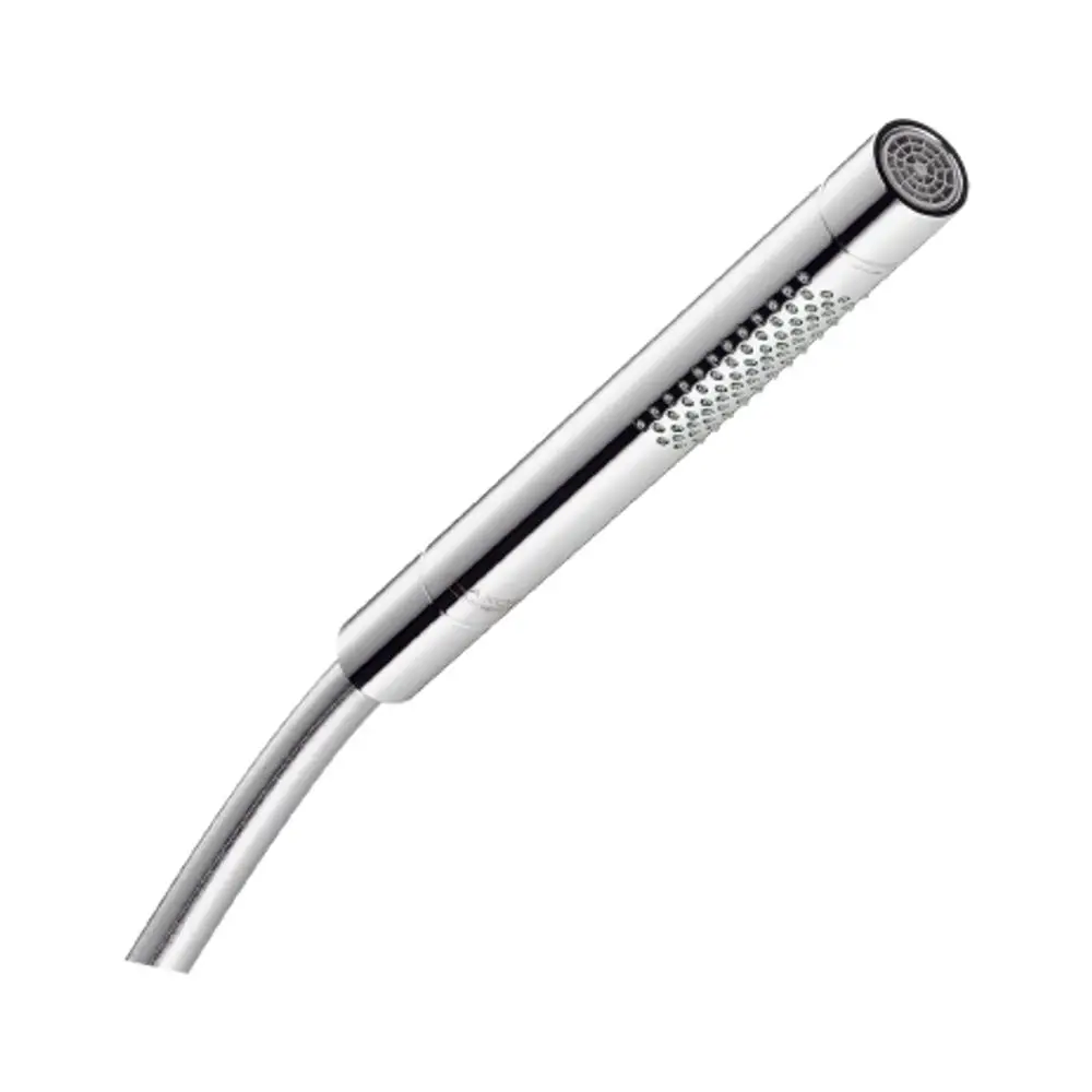 Handbrause in Chrom-Optik von AXOR mit schmalem, geradem Design. Der Brausekopf zeigt ein dezentes Muster von Düsen zur Wasserverteilung.